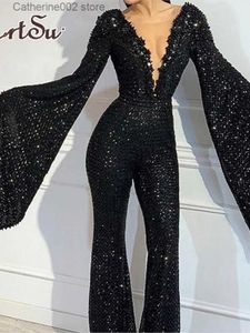 Dames Jumpsuits Rompertjes ArtsuBig Flare Mouw Clubwear Dames Mode Pailletten Party Jumpsuits Sexy Laag Uitgesneden Lange Broek Overalls Vrouwelijke Romper T231023