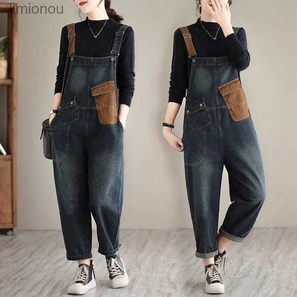 Women's Jumpsuits Barboteuses automne nouveau contraste poche Denim sangle pantalon femmes 2023 à la mode Vintage Patch jean combinaisons salopette Z2999L240111