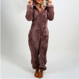 Jumpsuits voor dames rompers herfst winter fleece pluche warme capuchon jumpsuit pyjama's vrouwen met lange mouwen solide kleur