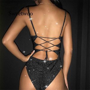 Combinaisons pour femmes Barboteuses Bandage Dos Nu Sexy Body Sangle Moulante Glitter Corps Dames Casual Noir Femme Body Top Party Club Été 230914