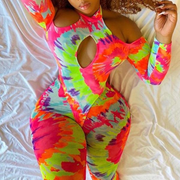 Combinaisons pour femmes Barboteuses BKLD Manches Longues Épaule Froide Évider Tie Dye 5XL Plus La Taille Combinaison Sexy Club Outfit Vêtements Pour Femmes Un