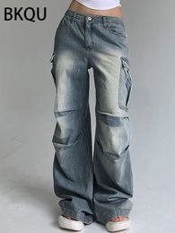 Jumpsuits voor dames Rompertjes BKQU 2023 Baggy cargobroek met wijde pijpen Casual oversized zakken Rechte jeans met lage taille Streetwear hippie joggingbroek 231213