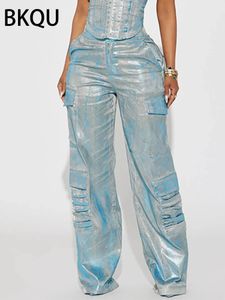 Dames jumpsuits rompertjes BKQU Amerikaanse rechte zakken Jean cargobroek met hoge taille 2023 Mode zilveren glanzende print losse denim broek met wijde pijpen 231205