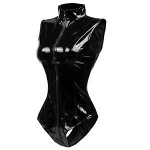 Monos de mujer Mamelucos Negro Entrepierna Cremallera Sin mangas Sexy Spandex Body Cuero Latex Catsuit PVC Mono Mujer Corto PU BodySuit Clubwear 230914