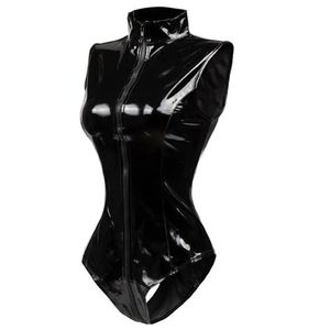 Combinaisons pour femmes barboteuses noir entrejambe fermeture éclair sans manches sexy spandex body cuir latex catsuit PVC combinaison femmes sho250n