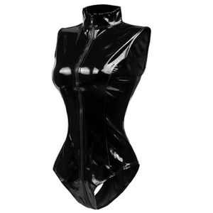 Sexy Black Zipper Sleeveless Spandex Bodysuit for Women: Leather Latex PVC Catsuit