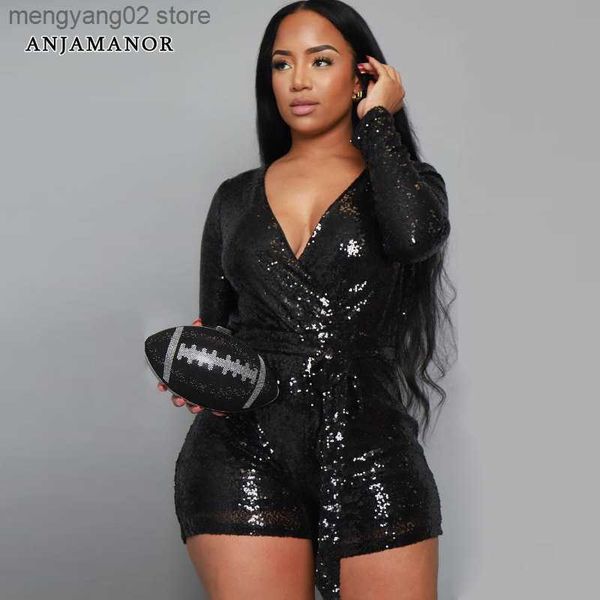 Combinaisons pour femmes Barboteuses Noir Sequin Plus Size Jumpsuit Femmes Bling Soirée Discothèque Tenues Sexy Deep V Manches Longues Combinaisons D35-EI37 T230504