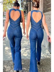 Vrouwen Jumpsuits Rompertjes Blauw Backless Heart Cut Vrouwen Strakke Bodysuit Zomer Mouwloze Slim Fit Jurk Vintage Denim Bodysuit 230713