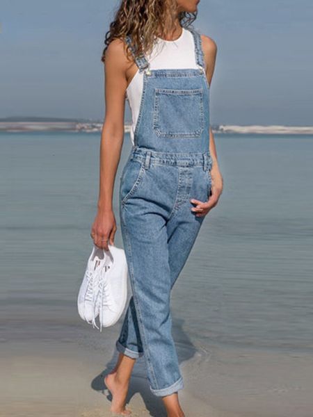 Jumpsuits femeninos Rompers Blue Denim Everluts Jumpsuit Mompers Mujeres Bed Hollow Hollow Out E-Girl Casual Work Pants Y2K Jeans Long Pants Streetwear 230422