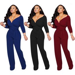 Jumpsuits voor dames rompers bonjean dames 2023 herfst dames v nek lange mouw hoge taille vrouwelijke band casual brede been overalls