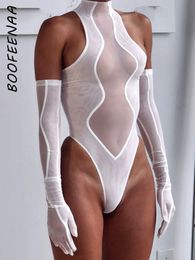 Combinaisons pour femmes Barboteuses BOOFEENAA Body en maille transparente avec des gants Sexy Tops Clubwear Voir à travers des tenues Rave pour femmes Vêtements de festival C87 DA16 220410