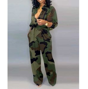 Dames Jumpsuits Rompertjes Camouflage Print Sexy Eendelig Herfst 2021 Lange mouw Diepe V-hals Button Up Party Club Womens