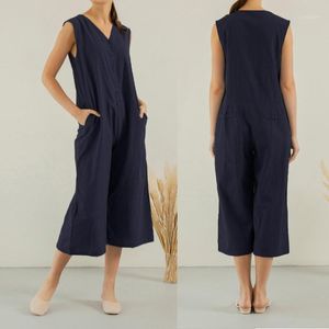 Jumpsuits voor dames rompers celmia vintage wide been broek 2023 zomer dames mouwloze losse overalls knoppen naar beneden romper solide plus size tr