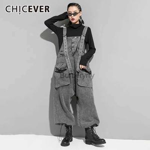 Dames Jumpsuits Rompertjes CHICEVER Casual denim jumpsuits voor dames Overalls Vierkante kraag Mouwloos Designer Zwart Volledige lengte Broek Dames 2020 KledingL231005