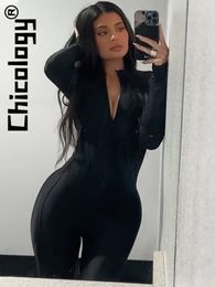 Combinaisons pour femmes Barboteuses Chicologie Sexy Kylie Même Style Fermeture À Glissière À Manches Longues Noir Slim Combinaison Streetwear Party Club Automne Hiver Femmes En Gros 230223