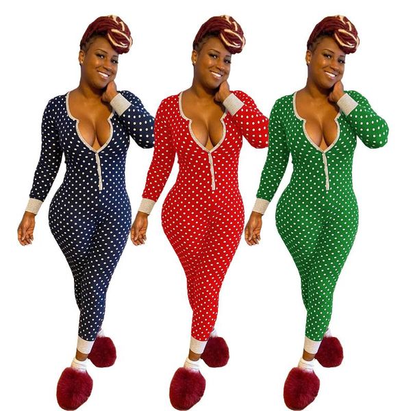 Combinaisons pour femmes Barboteuses Noël à manches longues Pantalon une pièce Vague Point Pyjamas Imprimer Hiver Femmes Combinaison Barboteuse Festival Bodycon Play