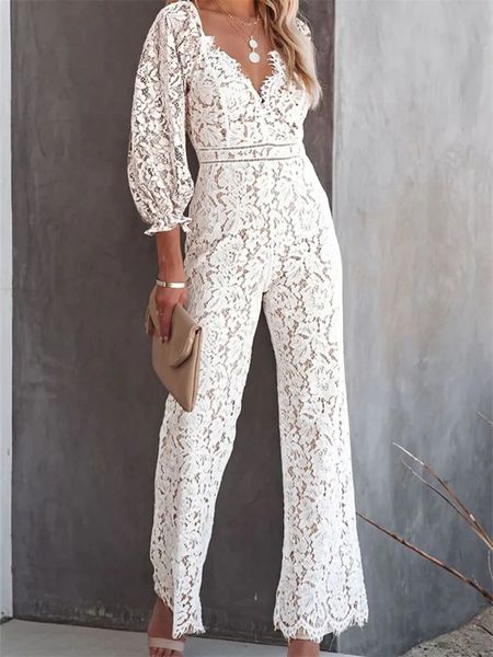 Women's Jumpsuits Rompers CHRONSTYLE femmes élégantes dentelle pantalons à jambes larges combinaisons couleur unie à manches longues taille haute col en V barboteuses florales Streetwear 231010