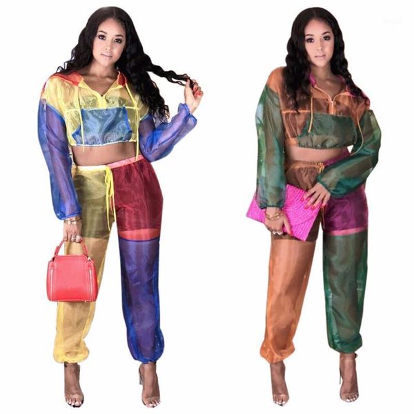 Combinaisons pour femmes Rompers Contraste Couleur Femmes Survêtement Front Zipper Sheer Manches longues Veste à capuche Crop Top + Shorts Casual 2 pièces Ensemble