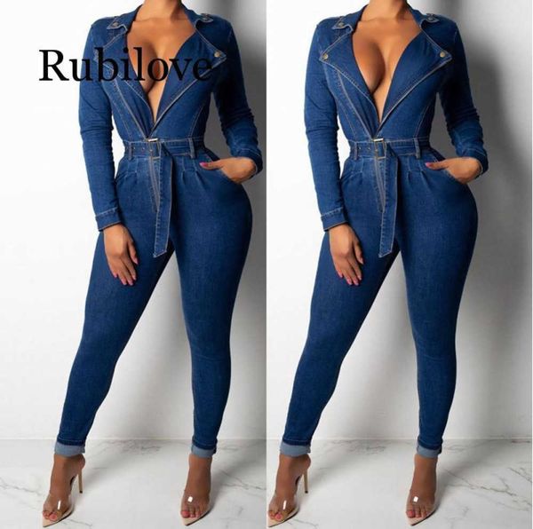 Combinaisons pour femmes barboteuses denim femmes manches longues avant fermeture éclair jeans avec ceintures grande taille ceinturée streetwear overal