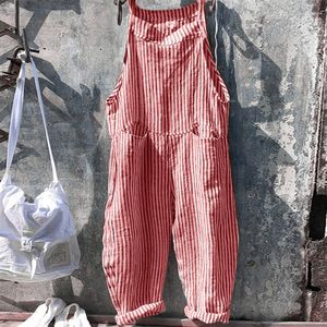 Jumpsuits voor dames rompers dihope vrouwen casual gestreepte mouwloze jumpsuit losse long suspender overalls broek zakken bib broek zomer plaid romper 230313