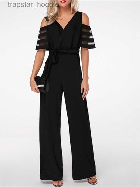 Dames Jumpsuits Rompertjes Jurken Dames Sexy Uit De Schouder Wijde Pijpen Jumpsuit Zomer V-hals Losse Jumpsuits Elegant Kantoor Dame Riem Vetidos Mujer 2023 L230921