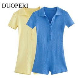 Dames Jumpsuits Rompertjes DUOPERI Mode Gebreide Jumpsuit Vrouwen Korte Mouwen Chic Lady Romper outfit Shirt Stijl Korte playsuit Vrouwelijke Zomer 230609