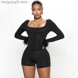 Combinaisons pour femmes Barboteuses Echoine Manches longues Plume Fourrure Patchwork Combishort Noir Maigre Corset Body Dos Nu Tenues Femmes Automne Vêtements Rue T230504