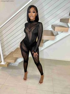 Combinaisons pour femmes Barboteuses Echoine Stretch See Through Sheer Mesh Patchwork Sexy Jumpsuit Skinny Bodycon Party Night Club Outfits Romper Streetwear T230504