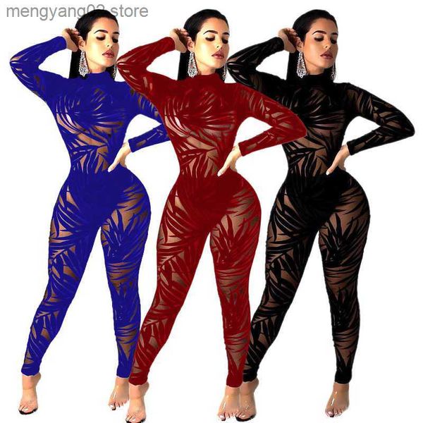 Monos de mujer Mamelucos Echoine Mujer Malla transparente Sexy Mono de encaje negro Hoja de bambú Bodycon Body Traje Traje Mono Playsuit Night Club Party Catsuit T230504