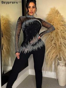 Jumpsuits voor dames rompers elegante zwarte strass dded jumpsuits vrouwen rompers glitter mock nek mesh crystal party outfits nachtclub slijtage t230504