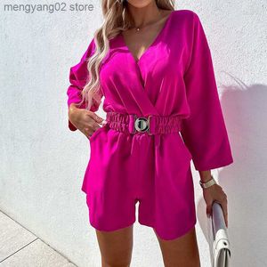 Jumpsuits voor dames rompers elegante solide kleur v nek korte jumpsuit zomer casual lange mouw riem forens overalls nieuwe dame mode pocket slank bodysuit t230504