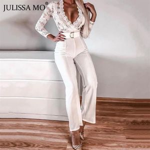 Monos de mujer, mamelucos elegantes de encaje blanco, mono Sexy para mujer con cuello en V, vendaje de piernas anchas, trajes de oficina para mujer 2022306S