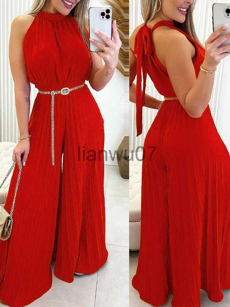 Jumpsuits de mujer Mompers elegantes Mujeres Moda Roja Verde Manevels Sumpsuit Summer Halter Sexy Detalle Plain Pleated ancho de pierna de largo J230629