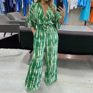 Jumpsuits voor dames rompers elegante dames jumpsuit 2024 zomer eenvoudige casual v-hals kanten losse dames mode wijd been jumpsuit s-xxxl y240425