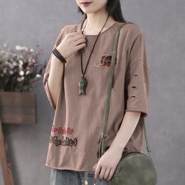 Combinaisons pour femmes Barboteuses Éléphant Blouse Femme Chic Japon Demi-manches Chemise en coton Broderie Lettre Vêtements Été Lâche Bas Tops Plus Taille M5XL 221123