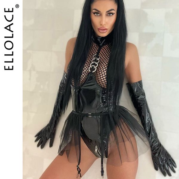 Combinaisons pour femmes Barboteuses Ellolace Porn Filet de pêche Latex Body à volants Jarretelles Halter Sexy Costume 2 pièces Sissy Zipper Ouvert Entrejambe Cuir Body Teddy 230426