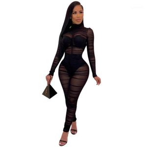 Combinaisons pour femmes Barboteuses Érotique Sexy Bodys Femme Mesh Perspective Manches Longues Combinaison Noir Skinny Clubwear Bodycon Romper Vêtements