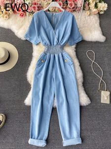 Jumpsuits voor dames rompers ewq zoete stijl vrouwen jumpsuits denim v-neck korte mouw solide kleur hoge taille casual jumpsuit lente zomer sn0540 230426