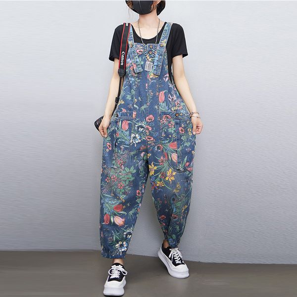 Combinaisons pour femmes Barboteuses Mode Streetwear Imprimer Floral Denim Jumpsuit Femmes Casual Loose Wide Leg Pantalon Barboteuses Grande Taille Poches Bretelles Jeans Salopette 230422