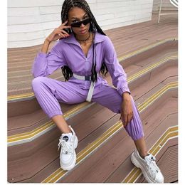 Dames Jumpsuits Rompertjes Mode Dames Rits Stand Kraag Grote zak Losse riem Casual Cargo Overalls Paarse speelpakjes Tr321k