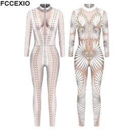 Femmes Combinaisons Barboteuses FCCEXIO dentelle paillettes motif 3D imprimé Cosplay Costume Sexy combinaison body adulte carnaval fête vêtements S-XL monos mujer 230215