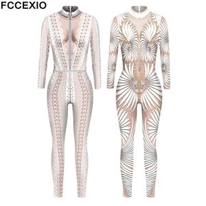 Femmes Combinaisons Barboteuses FCCEXIO dentelle paillettes motif 3D imprimé Cosplay Costume Sexy combinaison body adulte carnaval fête vêtements S-XL monos mujer 230215