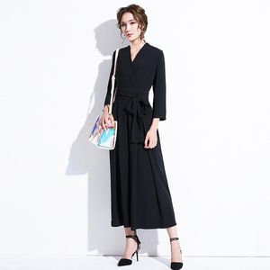 Jumpsuits voor dames rompers voor vrouwen 2023 herfst Koreaanse kantoor dame elegant chiffon ol v nek lange mouw brede been overalls zwart dd2366wom