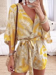 Jumpsuits voor dames rompers foridol bladafdruk witte batwing mouw rompers overalls zomer herfst sash wide been strand boho playsuit romper 230504