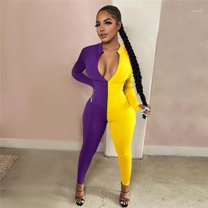 Dames Jumpsuits Rompers Voorzijde Ritssluiting Sexy One Stuk Bodysuit Dames Diepe V-hals Lange Mouw Jumpsuit Plus Size Kleur Blok Volledige Lengte