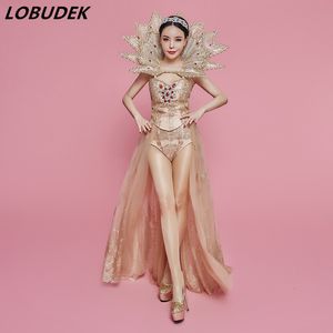 Combinaisons pour femmes Barboteuses Gold s Body Lady Highend Luxurious Outfit Modèles Catwalk Dance Costume Star Birthday Party Bar Singer Stage wear 230625
