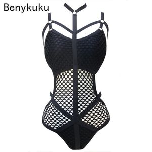 Jumpseau pour femmes Barboteuses Gothique Femmes Noir Sheer Knit Net Mesh Sexy Maillots De Bain Maillot De Bain Femme Baigneur Maillot De Bain Swim Halter Romper 230826