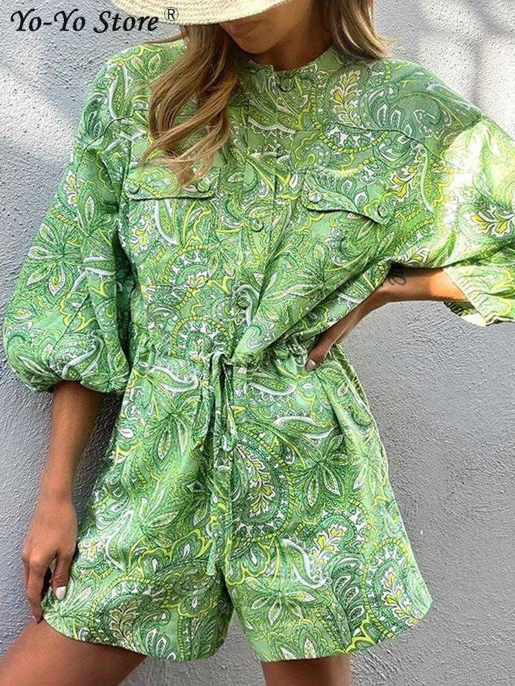 Women's Jumpsuits Rompers Green Loose Print Lace Up Playsuit Women Fashion Casual Button Batwing Sleeve Female Playsuits 2023 New Summer Lady Jumpsuits T230825