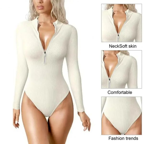 Combinaisons pour femmes Barboteuses demi-zip côtelé tricot body automne barboteuses femmes combinaisons fermeture éclair à manches longues Sexy gaine maigre combishorts Yoga ensemble 231216