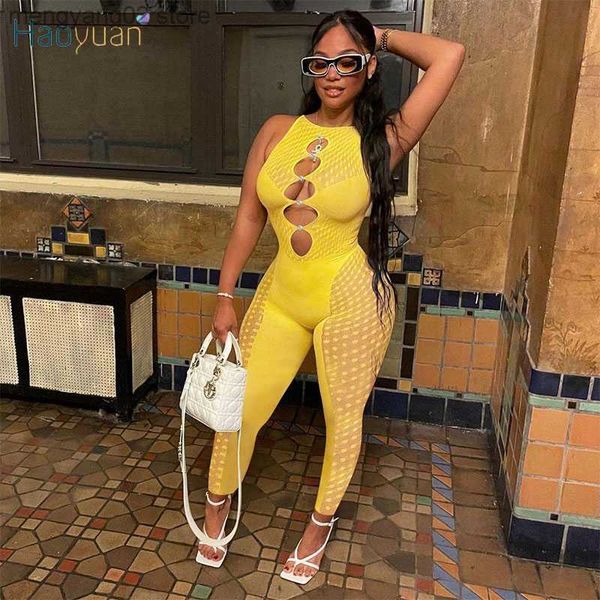 Jumpsuits femeninos Rompers Haoyuan Sexy Mesh Sheer Bodycon Jumpsuit Cutt Out Sleeveless Club Outfits for Women Birthday Party One Piece Patchwork Mompers T230504